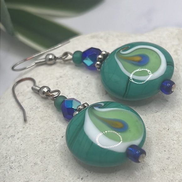 Peacock Feather Glass Earrings. - Picture 3 of 3